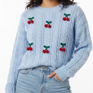 Calligraphei brand Cherry Embroidered Blue Sweater.